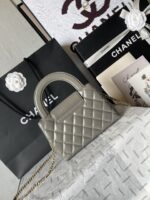 Chanel原單手提包灰色菱格金扣鏈條設計復古典雅小香風AS4416