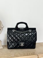 CHANEL超A黑銀衣架包 中古光感油蠟皮手提包 限量復刻手柄設計