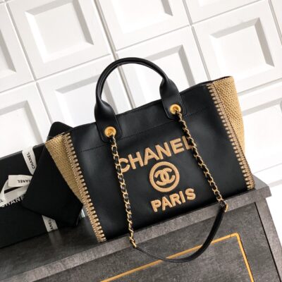 CHANEL精品仿製黑色編織風沙灘托特包容量大經典小香風通勤首選