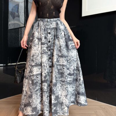 Dior 頂級原單叢林印花大擺半裙 高級灰老虎圖騰 單排扣中長文藝度假風