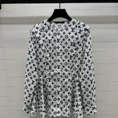 Louis Vuitton 精品仿製老花圓領長袖襯衫 四葉草滿印設計 名媛老錢感2025春夏新款
