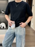 Hermès 精品仿製男士短袖針織衫 黑色H繡標圓領T恤 天絲羊毛混紡 輕薄高級感穿搭