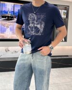 Hermès 頂級原單男士T恤 藏藍色巴西駿馬刺繡 天絲圓領短袖 百搭休閒 男神氣場單品