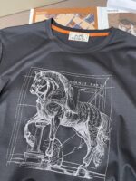 Hermès 高仿男士T恤 深灰色巴西駿馬刺繡 圓領短袖 天絲布料 立體時尚百搭
