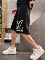 LV 精品仿製 夏季新款黑色休閒短褲 高級定制430g大毛線圈純棉