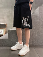 LV 精品仿製 夏季新款黑色休閒短褲 高級定制430g大毛線圈純棉