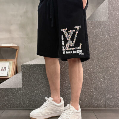 LV 精品仿製 夏季新款黑色休閒短褲 高級定制430g大毛線圈純棉