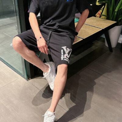 LV 精品仿製 夏季新款黑色休閒短褲 高級定制430g大毛線圈純棉