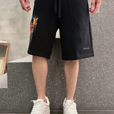 LV 精品仿製 夏季新款黑色休閒短褲 高級定制430g大毛線圈純棉面料
