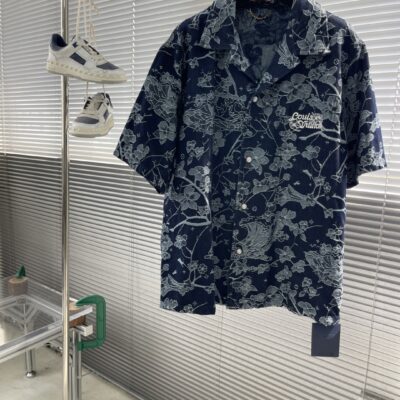 LV 精品仿製 刺繡花卉牛仔短袖襯衫 男女同款 高端定制面料