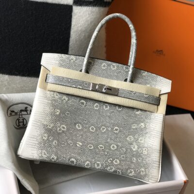 Hermès愛馬仕復刻版蜥蜴紋Birkin包 本色/喜馬拉雅白 25cm 蜡線縫製氣場手提包