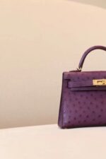 Hermès 一比一 Kelly Mini 2鴕鳥皮手提包 海葵紫金扣 氣質優雅復古風