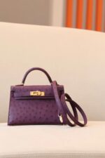 Hermès 一比一 Kelly Mini 2鴕鳥皮手提包 海葵紫金扣 氣質優雅復古風