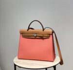 Hermès A貨 Herbag通勤手提包 唇膏粉牛皮帆布拼接 氣質挺版優雅風