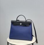 Hermès 精品仿製 Herbag手提通勤包 深藍帆布拼牛皮 硬挺有型法式質感