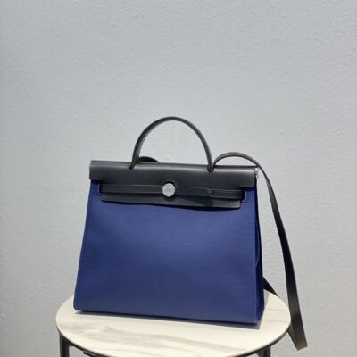 Hermès 精品仿製 Herbag手提通勤包 深藍帆布拼牛皮 硬挺有型法式質感
