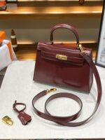 Hermès 頂級原單 Kelly 22手提包 Box皮波爾多紅金扣 全皮配件法式復古風