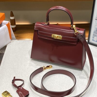 Hermès 頂級原單 Kelly 22手提包 Box皮波爾多紅金扣 全皮配件法式復古風