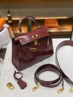 Hermès 頂級原單 Kelly 22手提包 Box皮波爾多紅金扣 全皮配件法式復古風