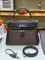 Hermès愛馬仕高仿Herbag Kelly赫本包 雙拉鍊帆布拼皮銀扣 優雅氣質法式設計