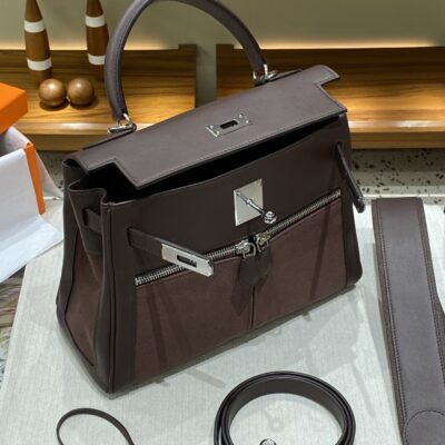 Hermès愛馬仕高仿Herbag Kelly赫本包 雙拉鍊帆布拼皮銀扣 優雅氣質法式設計
