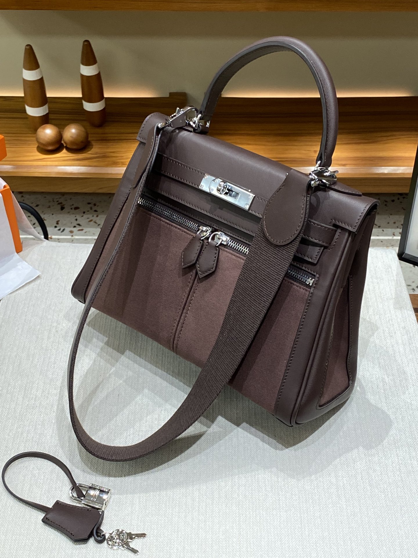Hermès愛馬仕高仿Herbag Kelly赫本包 雙拉鍊帆布拼皮銀扣 優雅氣質法式設計