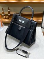 Hermès愛馬仕高仿Herbag Kelly赫本包 雙拉鍊帆布拼皮銀扣 優雅氣質法式設計