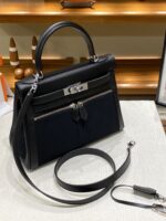Hermès愛馬仕高仿Herbag Kelly赫本包 雙拉鍊帆布拼皮銀扣 優雅氣質法式設計