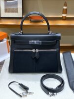 Hermès愛馬仕高仿Herbag Kelly赫本包 雙拉鍊帆布拼皮銀扣 優雅氣質法式設計