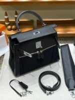Hermès愛馬仕高仿Herbag Kelly赫本包 雙拉鍊帆布拼皮銀扣 優雅氣質法式設計