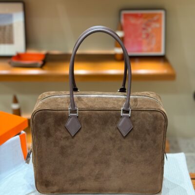 Hermès愛馬仕高仿Plume羽毛包 咖啡色32cm Swift拼磨砂皮 高級工藝奢華手提包