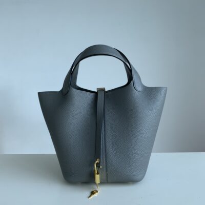 Hermès 高仿Picotin 22CM積雨雲灰TC皮手提包 金扣設計 典雅質感 法式入門首選