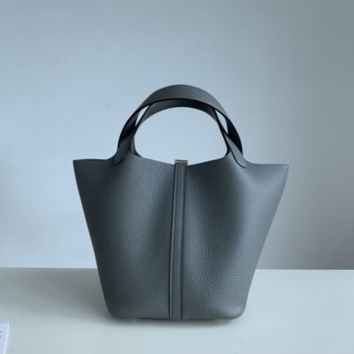Hermès 高仿Picotin 22CM積雨雲灰TC皮手提包 金扣設計 典雅質感 法式入門首選