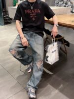 Prada 一比一黑色刺繡短袖T恤 2025夏季新款 個性藝術男女同款 百搭時尚