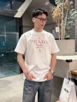 Prada 高仿刺繡花紋短袖T恤 白色2025夏季新款 個性藝術男女同款百搭