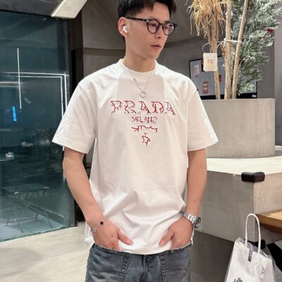 Prada 高仿刺繡花紋短袖T恤 白色2025夏季新款 個性藝術男女同款百搭