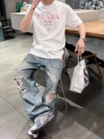 Prada 高仿刺繡花紋短袖T恤 白色2025夏季新款 個性藝術男女同款百搭