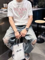 Prada 高仿刺繡花紋短袖T恤 白色2025夏季新款 個性藝術男女同款百搭