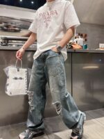 Prada 高仿刺繡花紋短袖T恤 白色2025夏季新款 個性藝術男女同款百搭