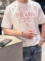 Prada 高仿刺繡花紋短袖T恤 白色2025夏季新款 個性藝術男女同款百搭
