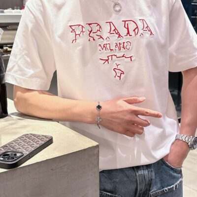 Prada 高仿刺繡花紋短袖T恤 白色2025夏季新款 個性藝術男女同款百搭
