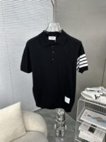 Thom Browne 頂級原單黑色四杠針織Polo衫 復古透氣網紗 男女百搭新款