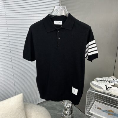 Thom Browne 頂級原單黑色四杠針織Polo衫 復古透氣網紗 男女百搭新款