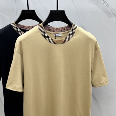 Burberry頂級原單卡其色打底短袖T恤格紋領設計2025春夏抗皺透氣舒適