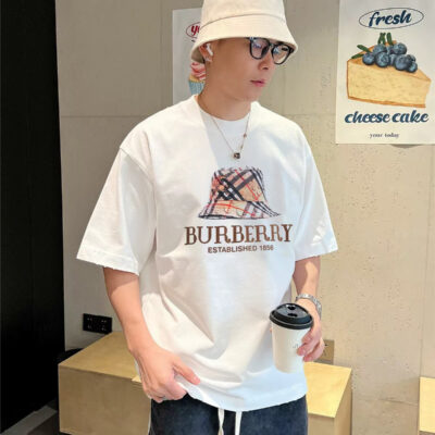 Burberry精品仿製白色格紋LOGO短T三標齊全厚花印花2025夏季男女同款