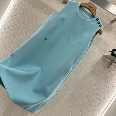Dior 原單水綠肩扣無袖連衣裙 五角星扣裝飾 蜜蜂刺繡輕奢設計 2025氣質新款