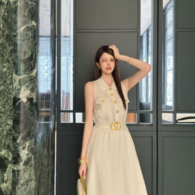Valentino 原單亞麻連身裙 翻領背心款 收腰設計老錢風 慵懶高級2025夏季新款