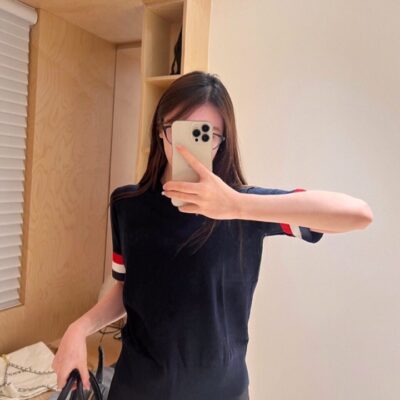 THOM BROWNE 一比一雙袖大織帶圓領T恤 女款藏青百搭潮流感十足