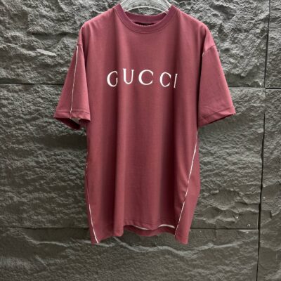 GUCCI A貨枣紅色白邊噴色圓領短袖T恤 厚實針織棉 2025春夏新款