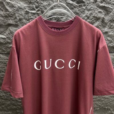 GUCCI A貨枣紅色白邊噴色圓領短袖T恤 厚實針織棉 2025春夏新款